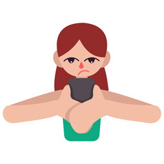 Frowning Girl Looking at Phone Vector