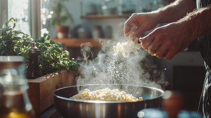 Chef Sprinkling Flour Over Pasta Dough