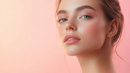 Naklejka premium Young Woman with Glowing Skin in Soft Pink Background