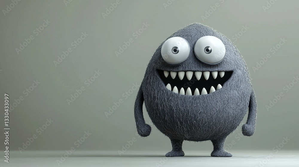 Poster a playful gray character with big round eyes and a toothy grin stands on a smooth surface. the chara