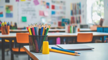 Bright classroom filled with vibrant stationery, including colored pencils and markers, arranged neatly on desks, encouraging a creative learning atmosphere