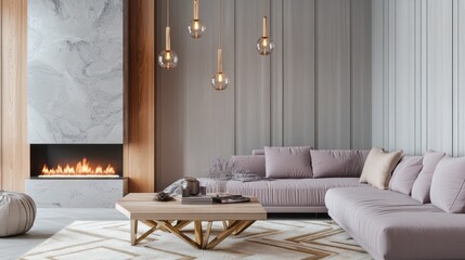 A modern, airy living room with light gray wood paneling and a tall marble fireplace