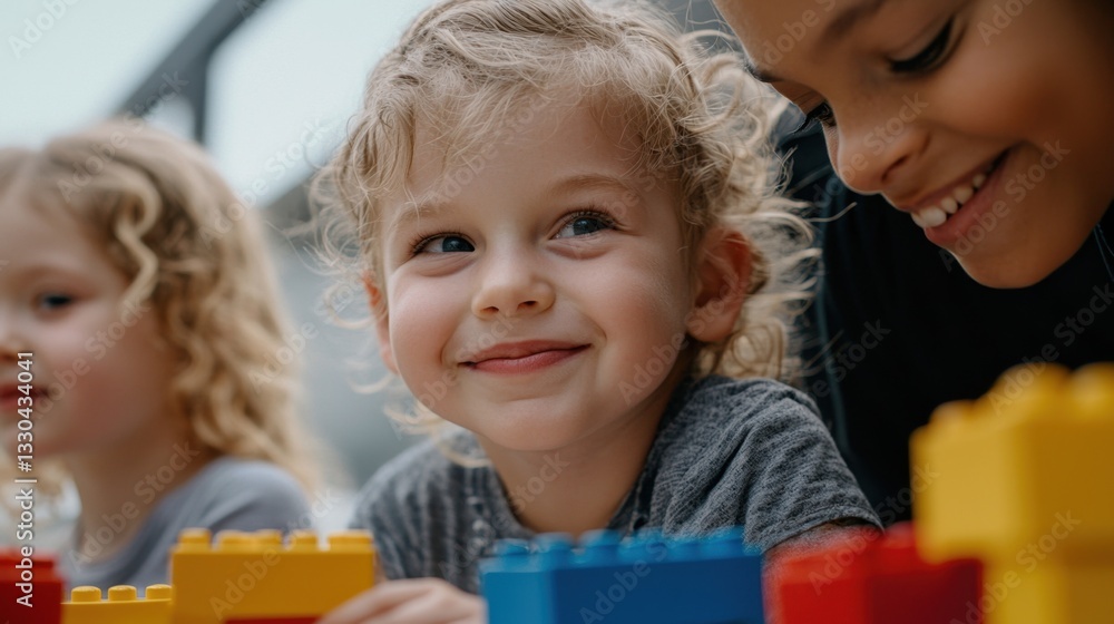 Poster two children smile and interact while constructing with colorful building blocks. this playful momen
