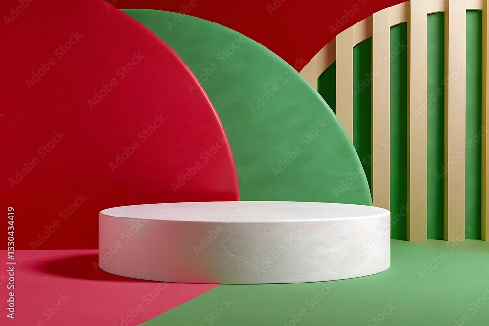 Poster bold abstract podium scene with red and green geometric background, minimal 3d display platform for 