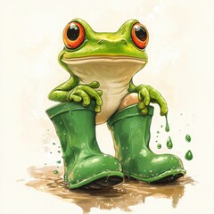 A cartoon frog wearing green rubber boots in a puddle