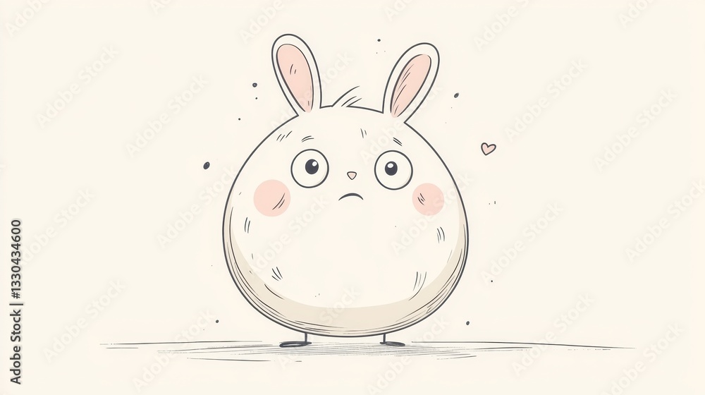 Poster a round, fluffy rabbit character with large eyes and a timid expression stands in a minimalistic env