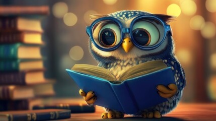 Cute owl reading a book amidst books