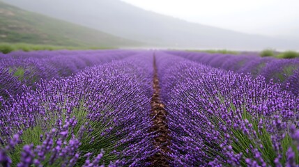 Obraz premium A misty morning in a lavender field with rows of blooming lavender stretching into the distance