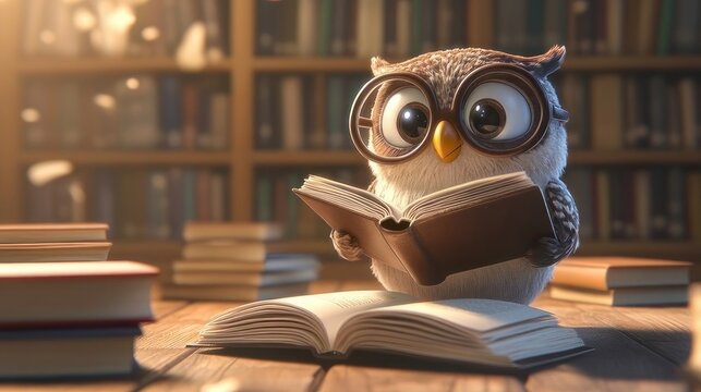 Cute owl reading a book in a library