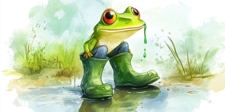 A green frog is wearing boots while standing in the water
