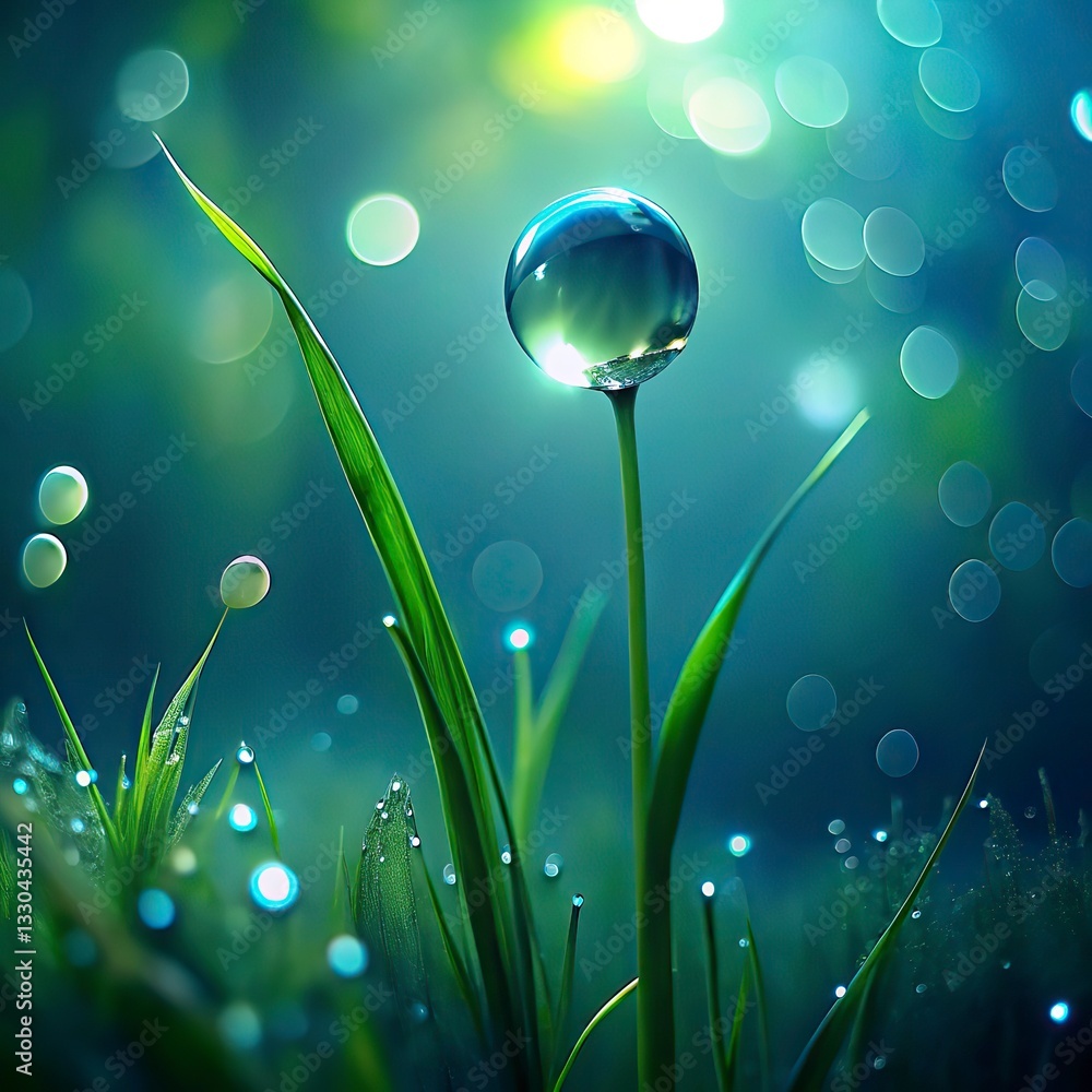 Aufkleber water drops on grass with bokeh background. ecology concept.disco ball on a black background with mu