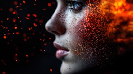 A close-up of a young woman's profile showcases her captivating facial features, adorned with artistic fiery elements and sparks, merging emotion with visual art