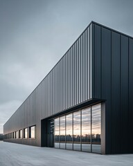 Modern industrial building facade at dawn
