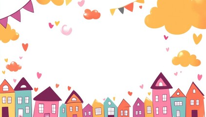 Colorful Cartoon Houses with Clouds and Hearts for Creative Projects