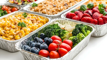 Obraz premium Foil containers with healthy food on white