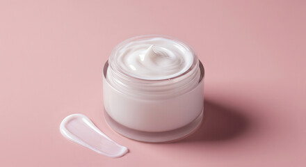 Moisturizing cream in a pale pastel jar on a soft background