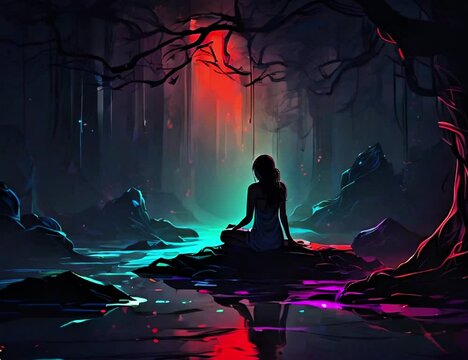 Woman sitting lustfully in colorful landscape, young girl seducive attire sitting over a rock in forest water stream, colorful dreamlike natural environment with female and colorful neon light anime