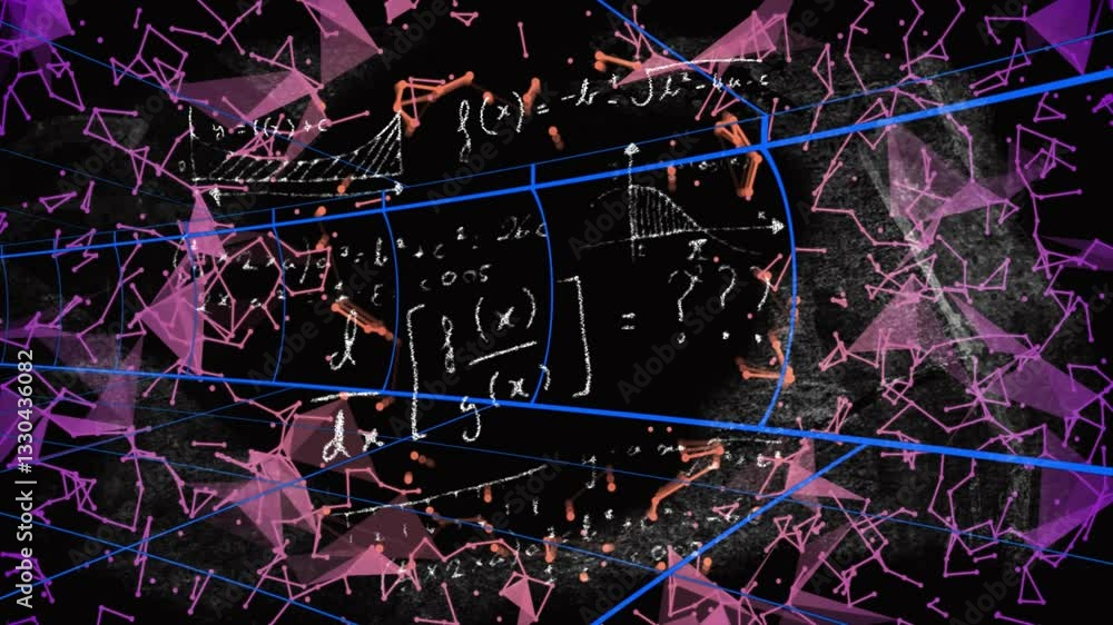 Aufkleber animation of mathematical equations and graphs over abstract geometric shapes