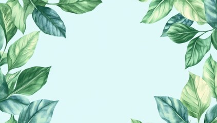 Naklejka premium Decorative Green Leaves Border on Soft Blue Background for Design