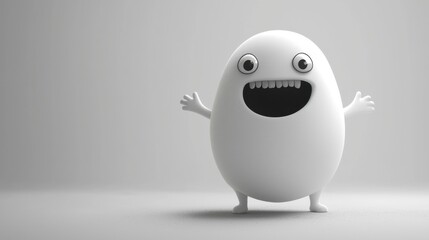 A cheerful cartoon character with large eyes and a wide smile stands against a simple gray background, showcasing pure joy and excitement with open arms and a playful demeanor
