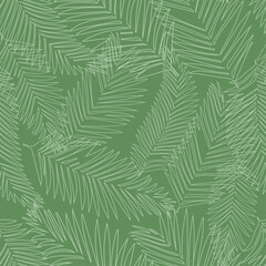 Palm leaves seamless pattern, on green background, vector in natural color. Design for fabric, print, cover, banner, decoration, wallpaper. Outline minimalistic style, linear. 
