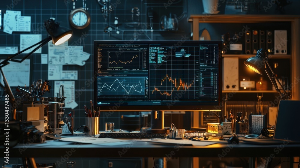 Poster a busy workspace features multiple screens displaying complex financial data, charts, and graphs, su