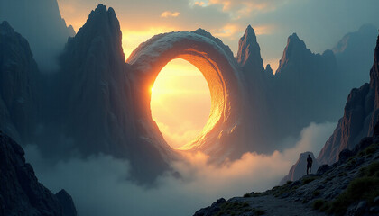 Fantastic mountain arch at sunset. AI image
