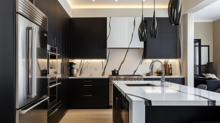 A modern kitchen featuring matte black cabinetry, integrated stainless steel appliances, and a sleek white marble countertop with bold black veining
