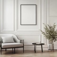 Modern minimalist living room interior with empty frame, armchair, and plant.