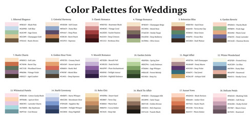 Color Palettes 18x5 Swatches for Weddings - Monochrome, Cool, Warm, Neutral, Mix Colors - with HEX Codes and Names, Colour Scheme and Combinations
