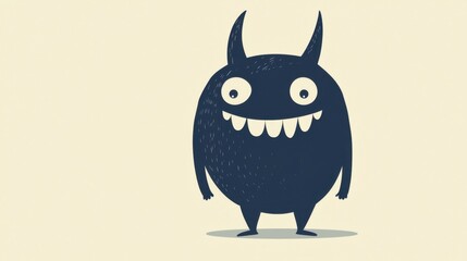 A quirky cartoon character with large expressive eyes and a broad grin stands confidently. The character has a round body and menacing yet playful horns, set against a simple background