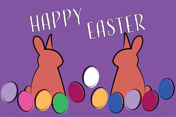 Two rabbits look at each other and are framed by Easter eggs. Accompanied by the wish ‘Happy Easter’.