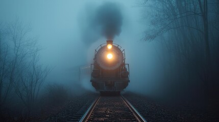 A vintage steam train approaches through dense fog along a railway track. The train's bright headlight pierces the mist, creating a mystical atmosphere in a peaceful forest
