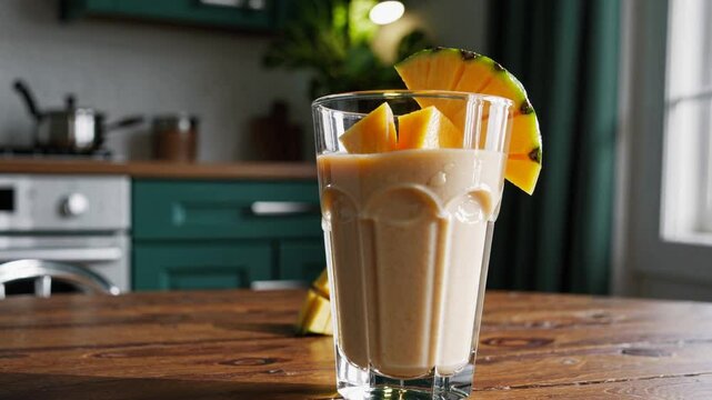 A refreshing tropical smoothie in a tall glass, garnished with fresh pineapple chunks and a slice, placed on a wooden table in a cozy kitchen with green cabinets in the background