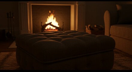 Fototapeta premium Cozy Room with Fireplace and Ottoman Provides Warm and Relaxing Ambiance