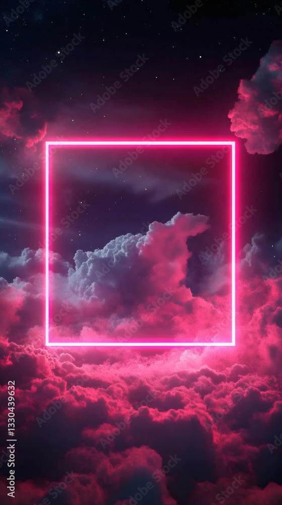 Poster pink neon light square frame illuminating night sky and clouds, creating a dreamy and surreal atmosp