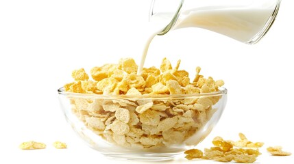 Pouring milk from glass pitcher into the bowl