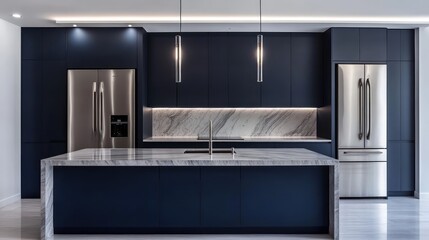 A modern kitchen with sleek navy blue cabinets, built-in stainless steel appliances, and a polished marble countertop with soft gray veins