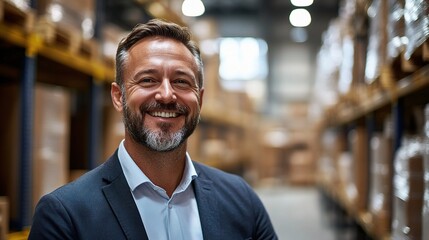 Obraz premium Confident Businessman Smiling in a Warehouse Environment