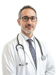 Confident Male Doctor Portrait in White Lab Coat with Stethoscope – Isolated on White Background