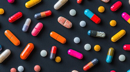 Colorful Pills and Capsules on Dark Background – Top View Medical Concept