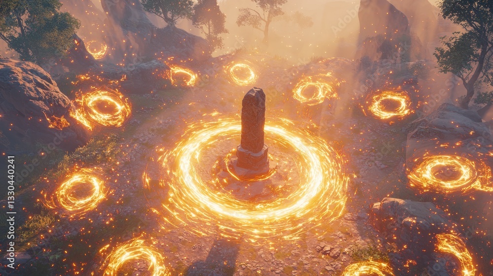 Poster an ancient stone altar is surrounded by vibrant glowing circles in a magical forest. the scene is il
