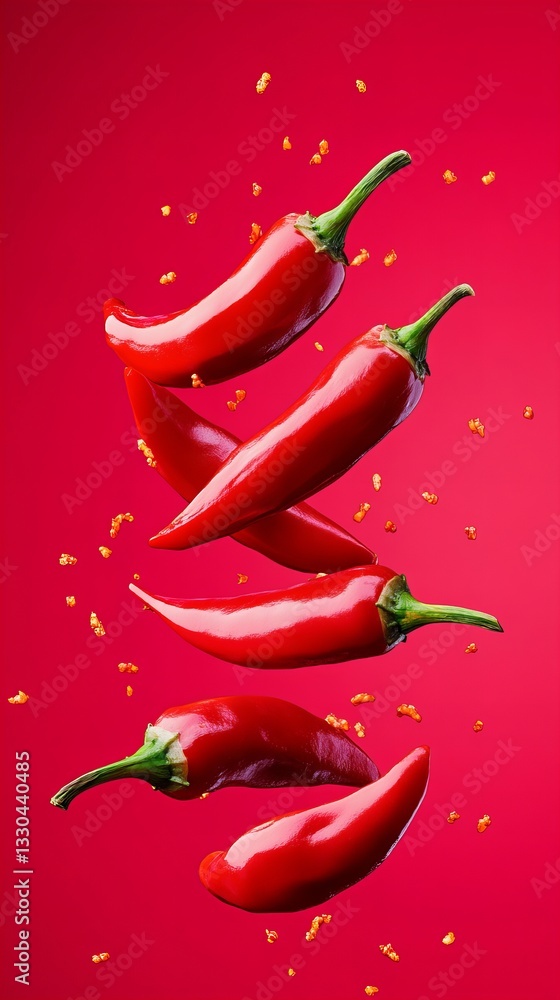 Poster red chili peppers are suspended in air against a vivid red backdrop, surrounded by scattered seeds, 