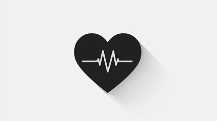 Flat Black Heart with ECG Line Icon – Minimalist Health and Cardiogram Symbol on White Background