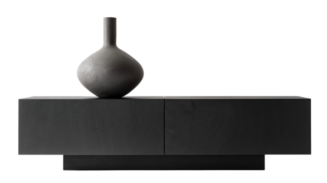 sideboard and vase  , minimalist design. Ideal for modern living spaces, combining functionality with contemporary style. Isolated on white background , transparent png	
