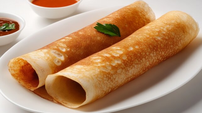 Delicious south indian dosa served with authentic coconut chutney and flavorful sambar on a traditional plate