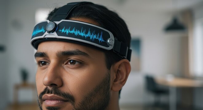 Man Wearing a Futuristic EEG Headband Displaying Brainwave Data