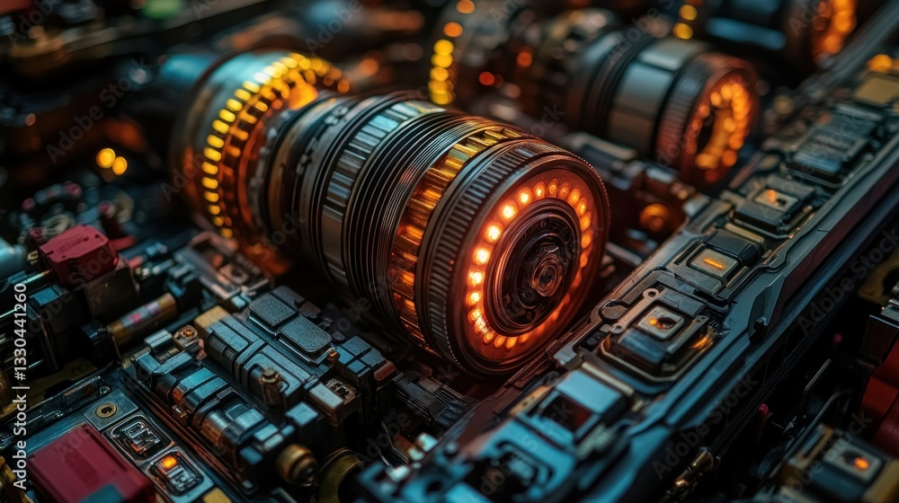 Poster futuristic mechanical system with glowing components. complex circuitry and gears. high-tech, intric