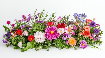 Colorful Arrangement of Various Flowers on a White Background with Delicate Petals and Green Leaves in a Decorative Display