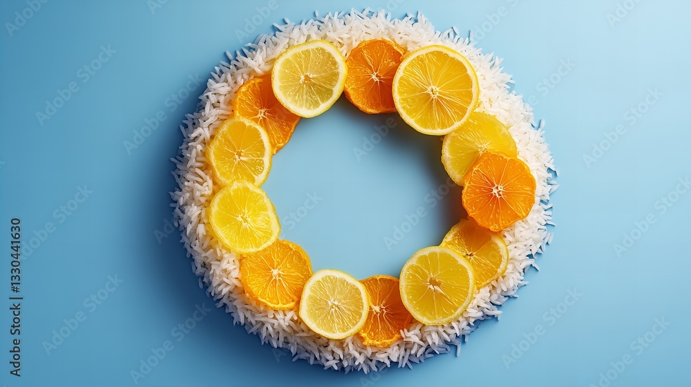 Poster rice circle surrounds arranged lemon and orange slices forming a colorful citrus display on a clean 